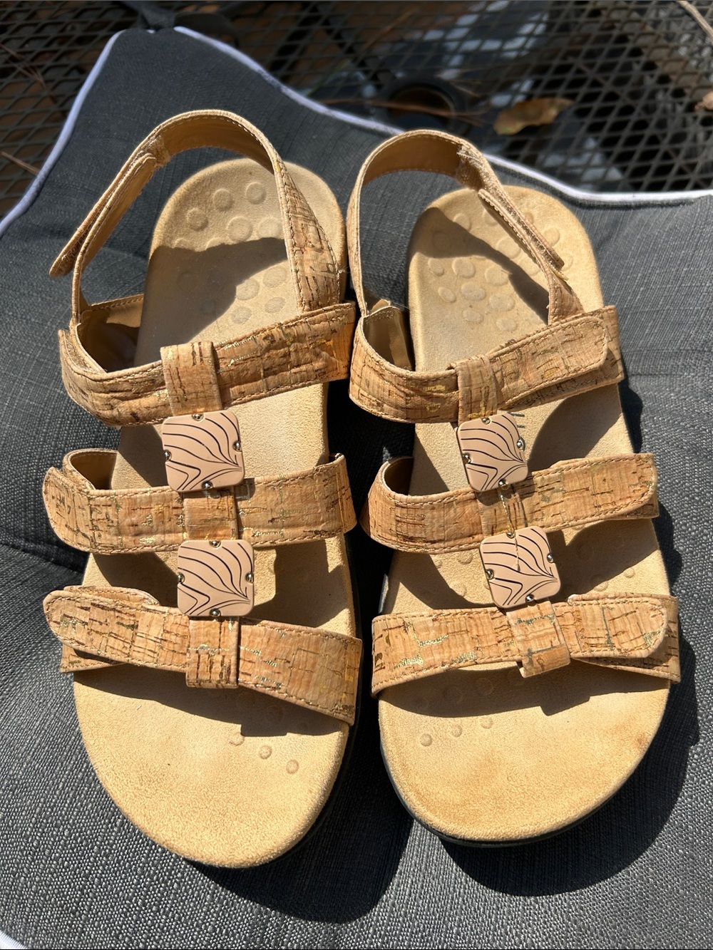 Vionic Cork-Textured Strappy Sandals in Tan with Decorative Accents